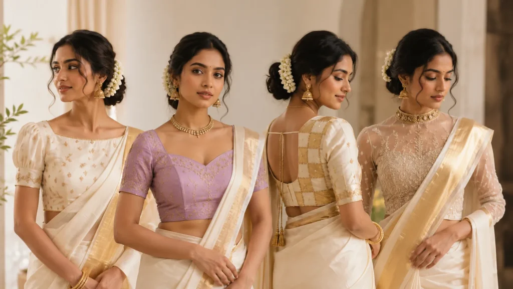 Four women wearing modern blouse designs for sarees with Kerala Kasavu sarees, showcasing elegant festive blouse styles for Onam.