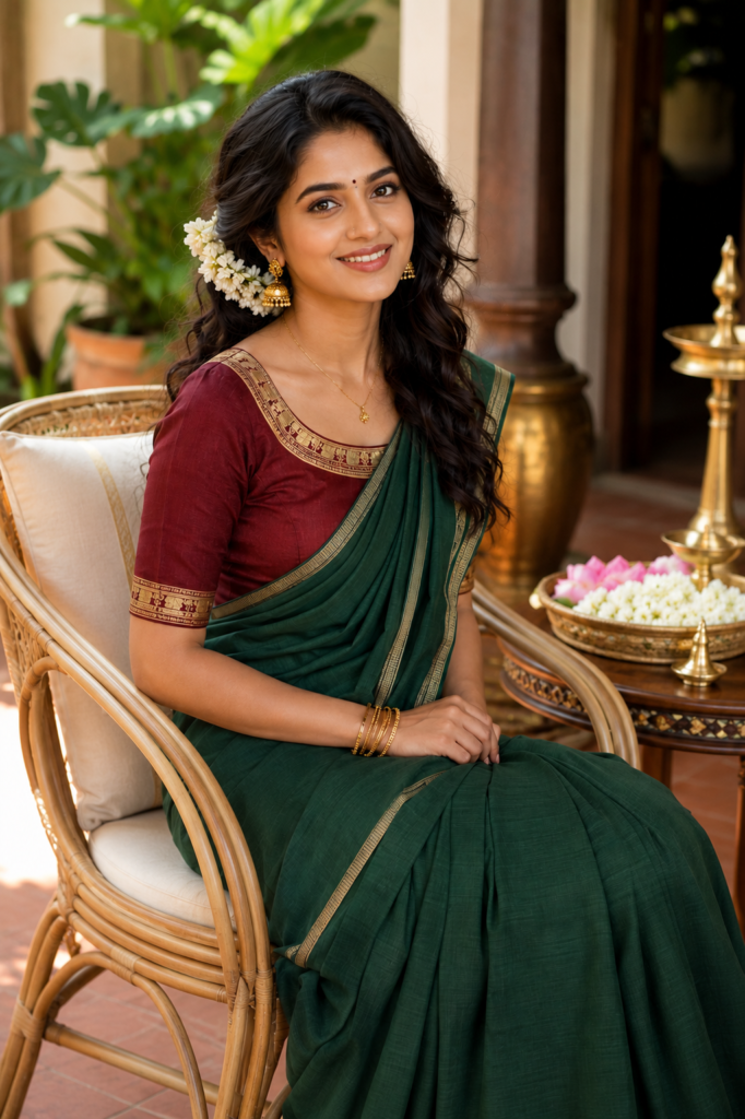 Maroon Kasavu patchwork blouse with a bottle green handloom cotton saree in a Kerala heritage setting.