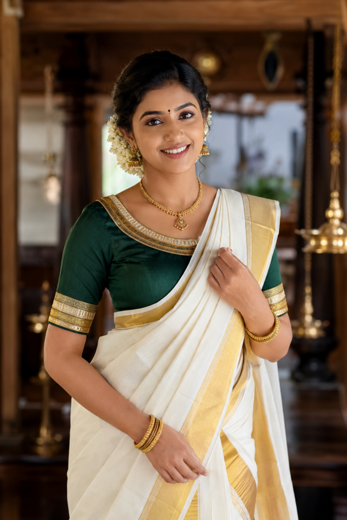 Woman wearing an emerald green Kasavu patchwork blouse with a traditional Kerala Kasavu saree