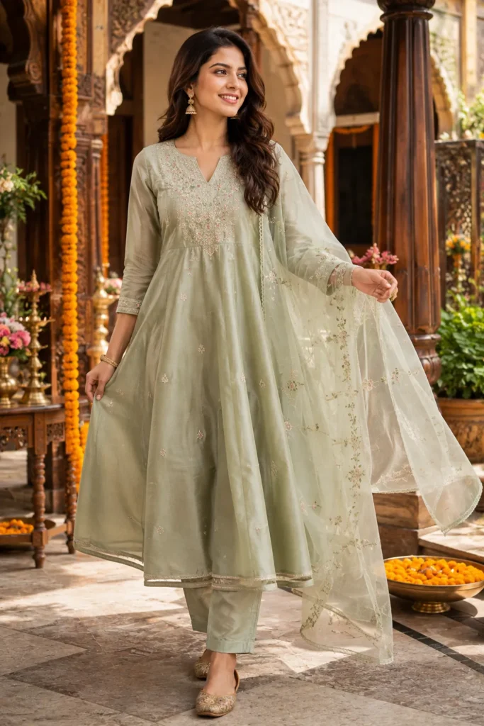 Woman wearing a sage green Chanderi kurta set