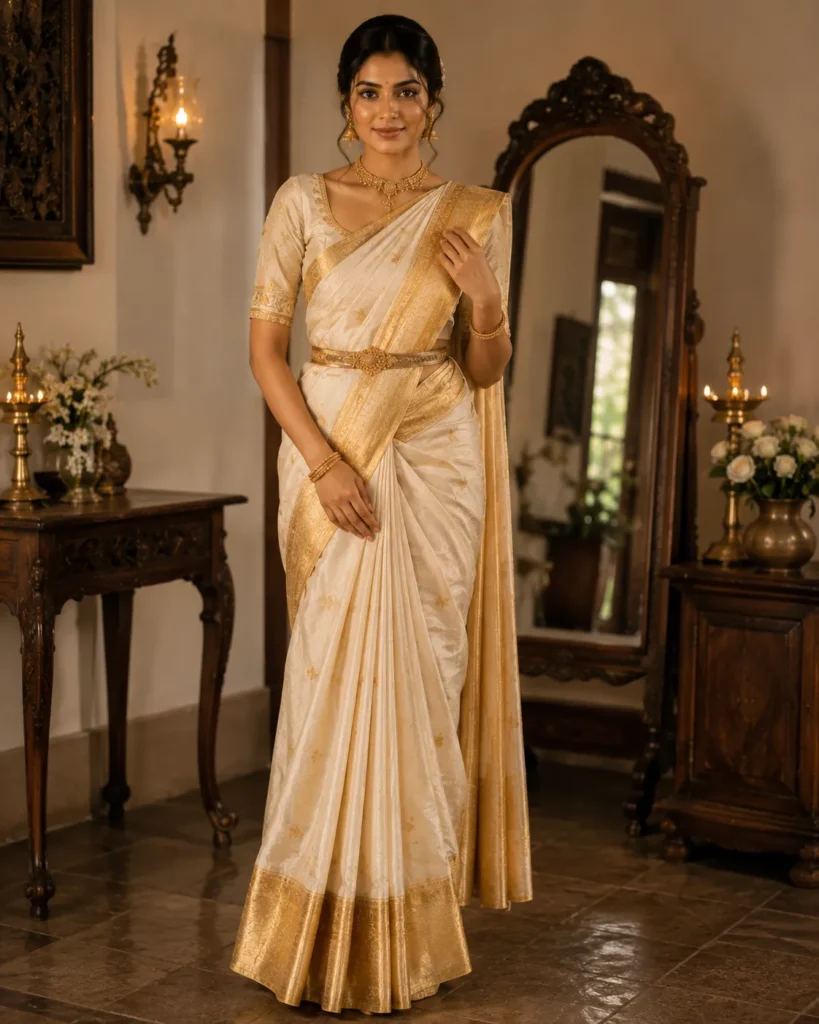 Bride wearing an ivory and gold silk saree with a traditional gold waist belt in an elegant heritage interior.