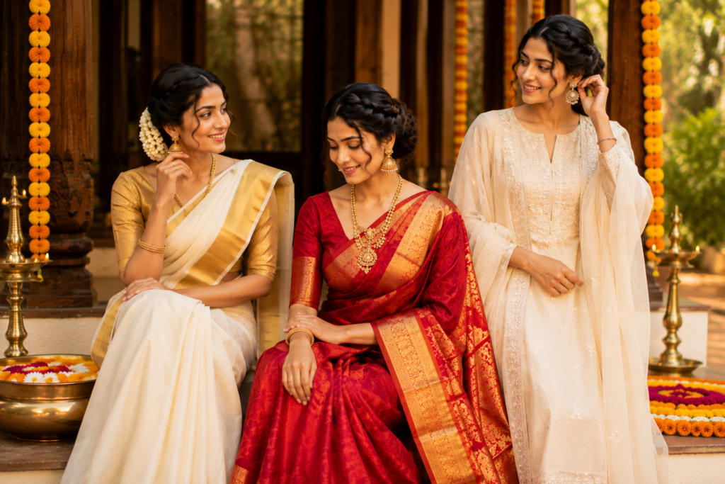 Women wearing elegant Onam outfits including a Kasavu saree, red Kanjivaram silk saree, and cream embroidered ethnic dress in a traditional Kerala festive setting.