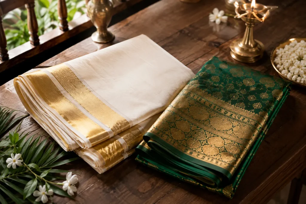 Kasavu and Kanjivaram sarees displayed side by side.