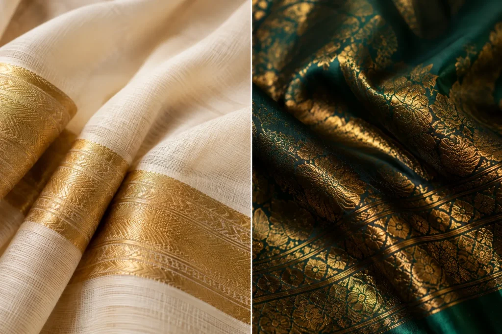 Close-up comparison of Kasavu cotton and Kanjivaram silk fabrics.