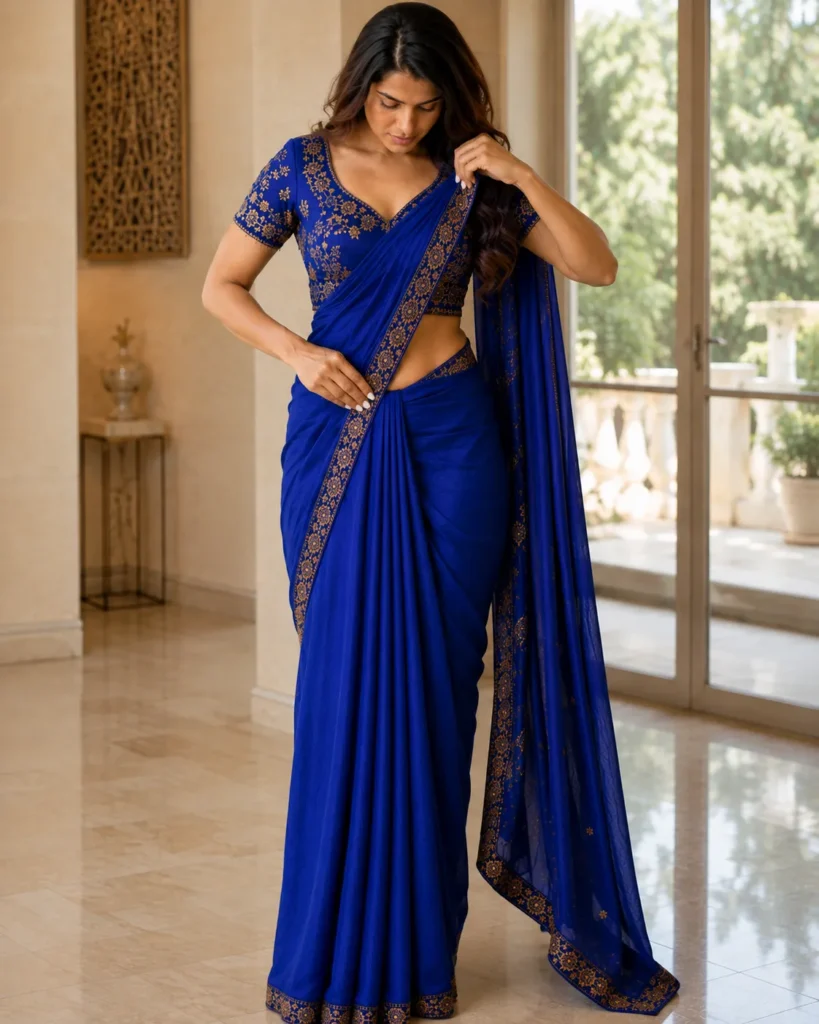 Woman wearing a royal blue saree with gold embroidery, adjusting the pallu near her shoulder.