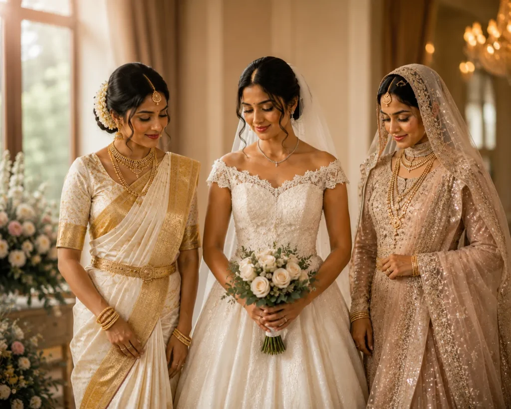 Three Kerala brides showcasing Hindu, Christian, and Muslim bridal fashion traditions.