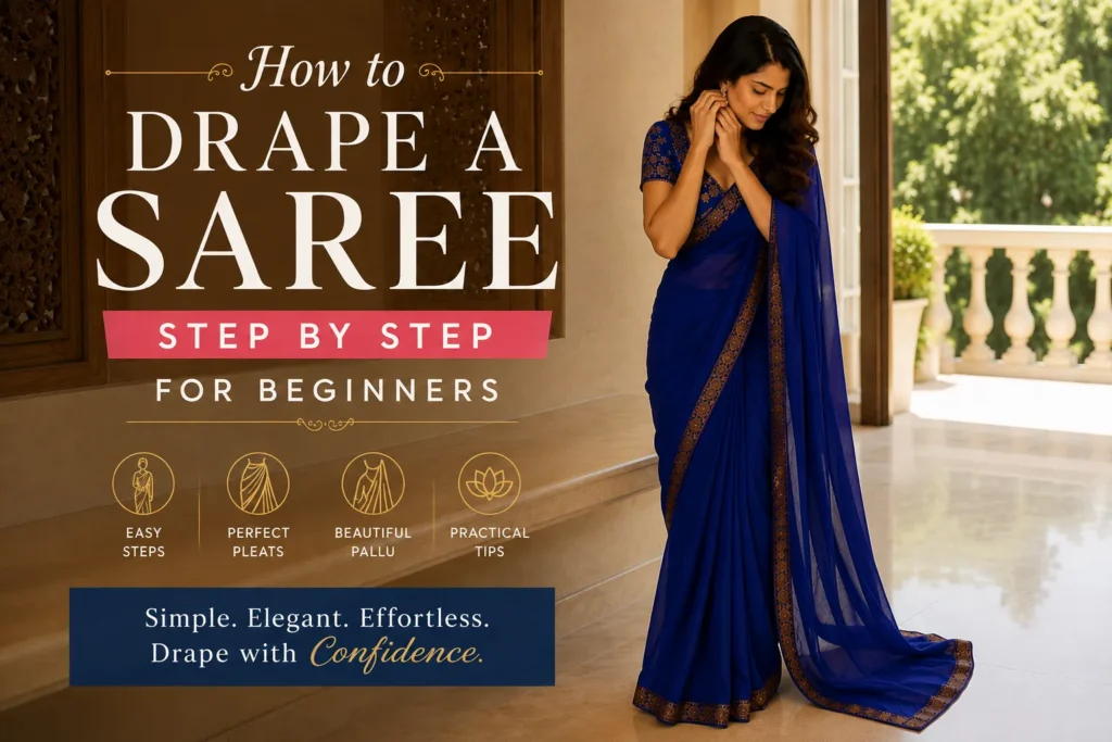 How to drape a saree step by step for beginners, featuring a woman in a royal blue saree with gold detailing.