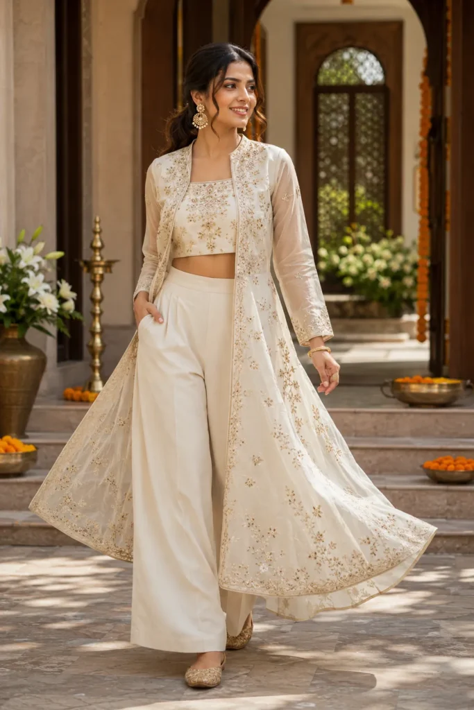Woman wearing an ivory Indo-Western embroidered co-ord set