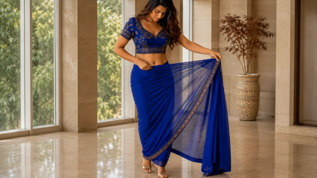 Woman in a royal-blue saree with gold embroidery adjusting the drape, wearing high heels in an elegant, sunlit interior.