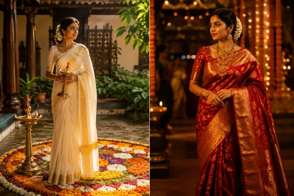 Kasavu saree for daytime Onam and Kanjivaram saree for evening celebrations.