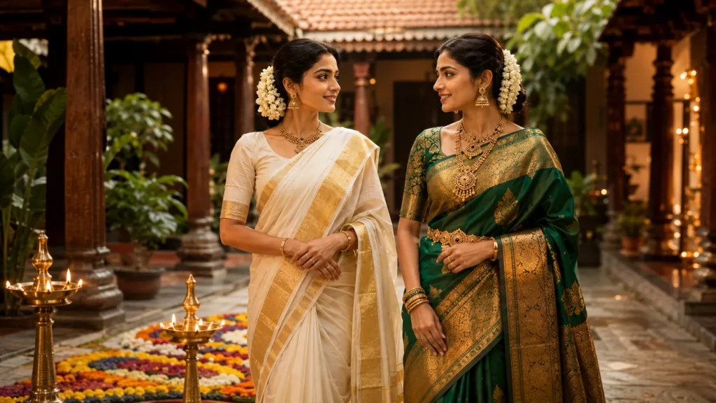 Kasavu saree and Kanjivaram saree comparison for Onam celebrations.