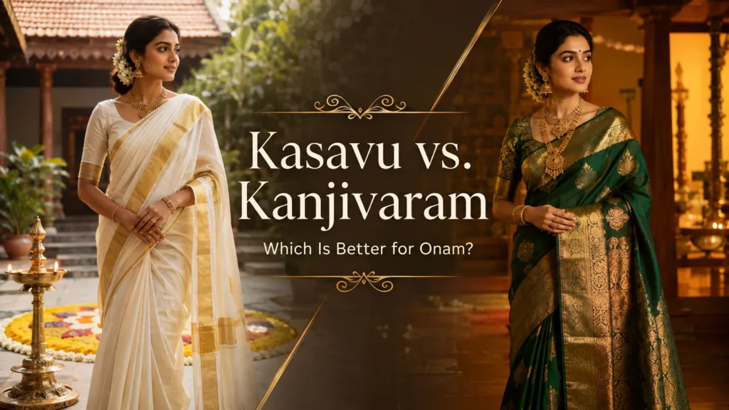 Kasavu saree vs Kanjivaram saree for Onam featuring two women in traditional South Indian attire