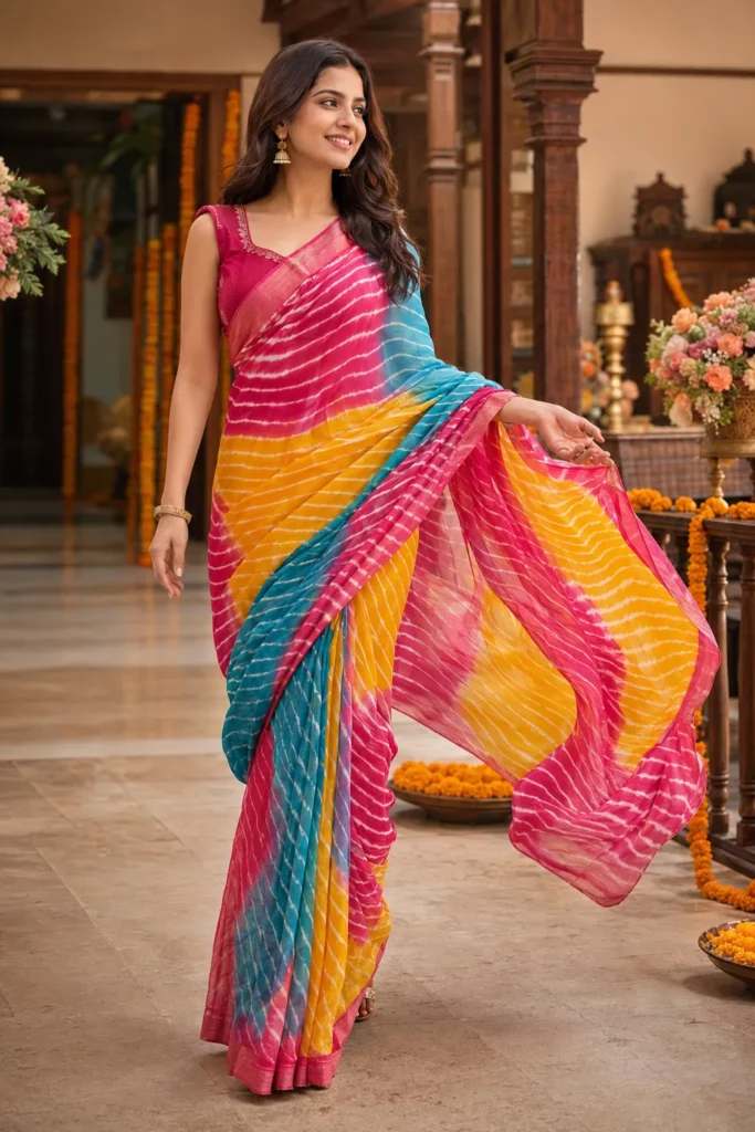 Woman wearing a vibrant Leheriya georgette saree