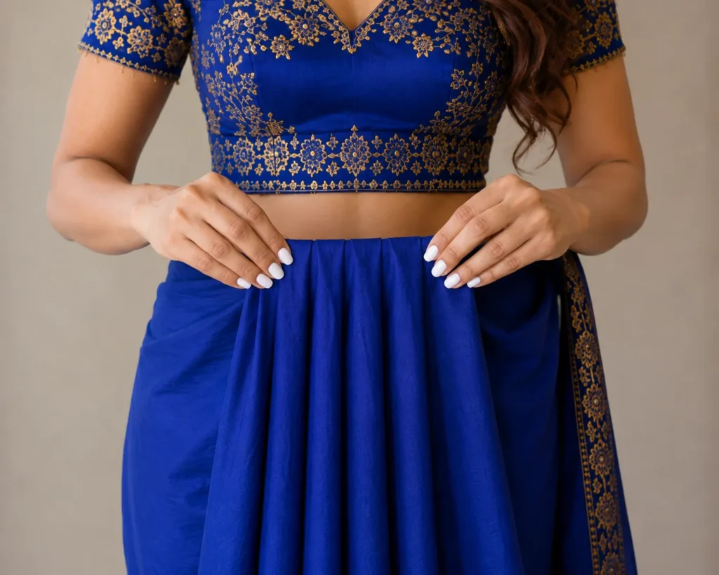 Close-up of a woman neatly arranging pleats at the waist of a royal blue saree.
