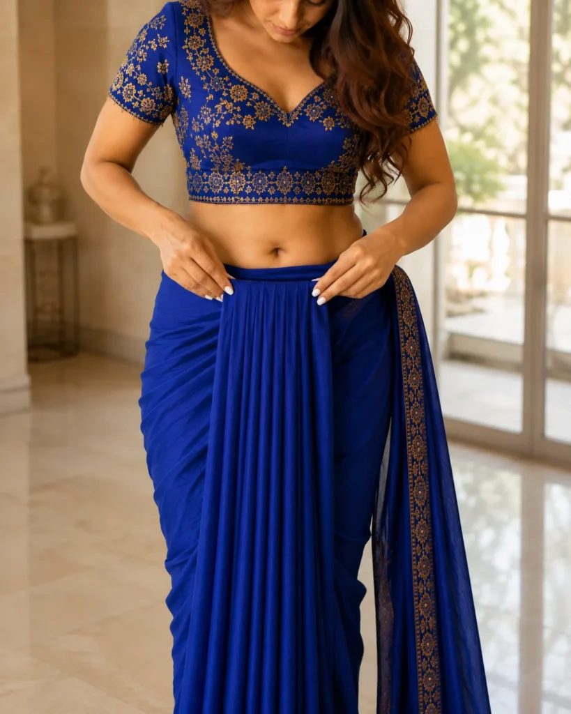 Woman creating and adjusting front pleats while wearing a royal blue saree with gold detailing.