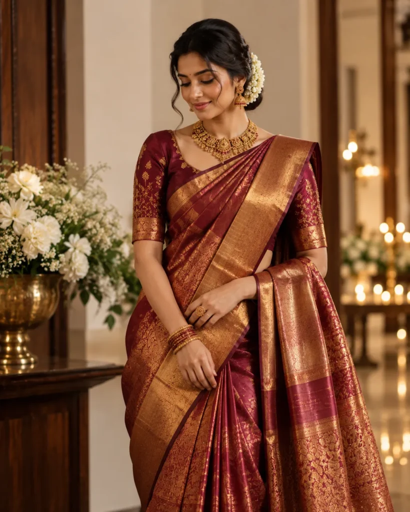 Bride wearing a deep maroon Kanchipuram silk saree with traditional gold jewellery in an elegant wedding setting.