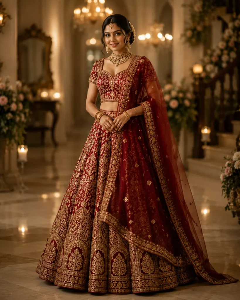 A bride wearing a rich red and gold embroidered lehenga in an elegant luxury wedding setting.