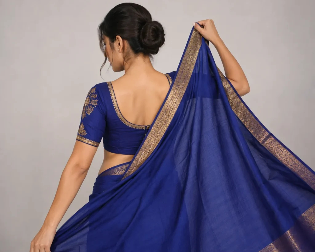 Rear view of a woman arranging the royal blue saree pallu over her shoulder.