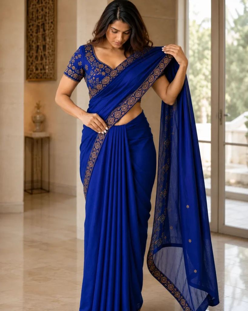 Woman holding and arranging the royal blue saree pallu across her shoulder.