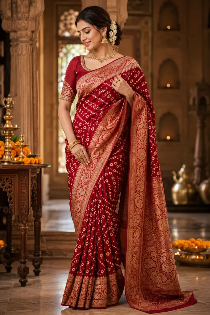 Woman wearing a Banarasi Bandhani Chinon silk saree