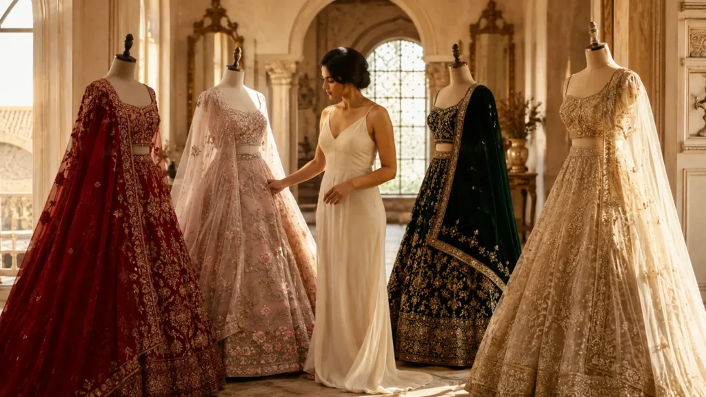 Indian bride comparing four handcrafted bridal lehengas in a luxury bridal boutique.