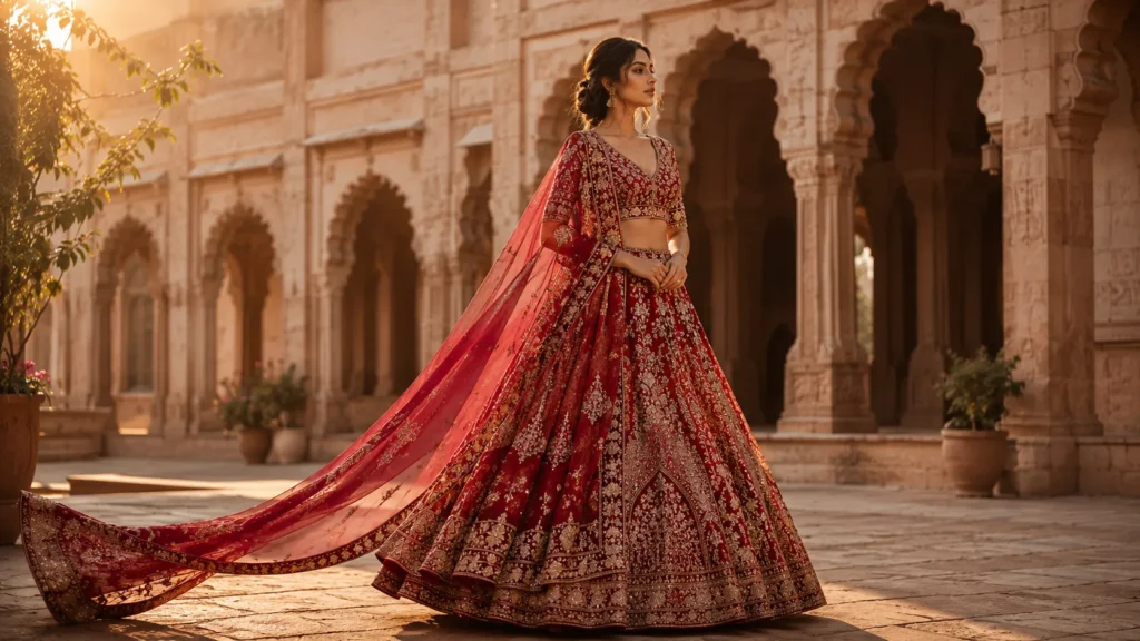 Indian bride in a luxurious crimson embroidered bridal lehenga standing gracefully in a heritage courtyard with soft golden-hour lighting.