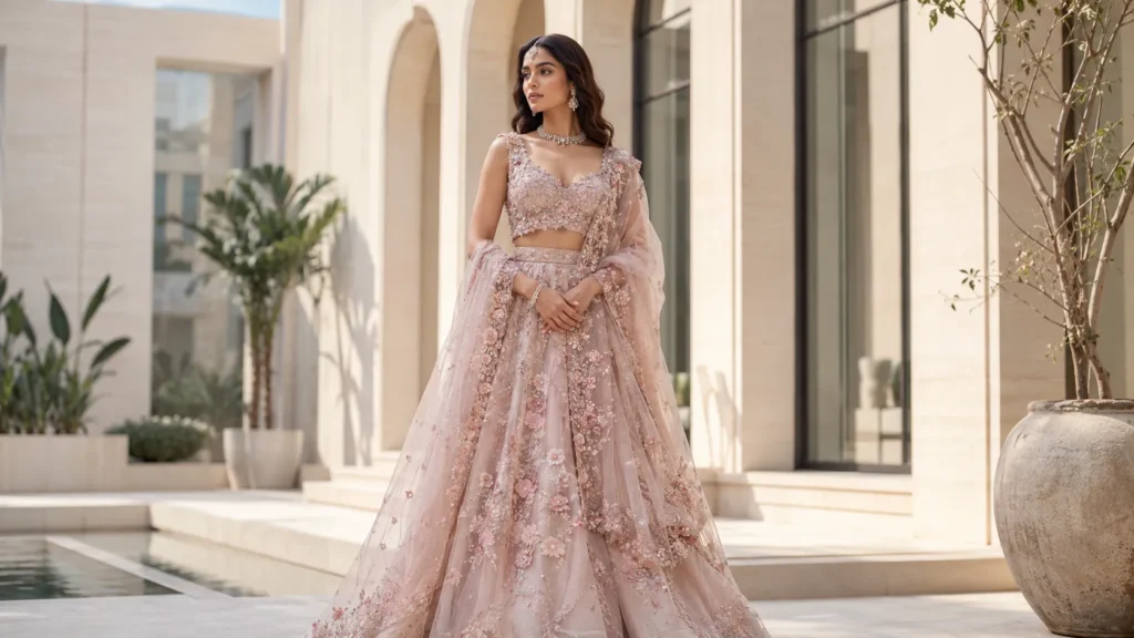 Indian bride wearing a pastel blush organza bridal lehenga with floral embroidery in a modern minimalist courtyard.
