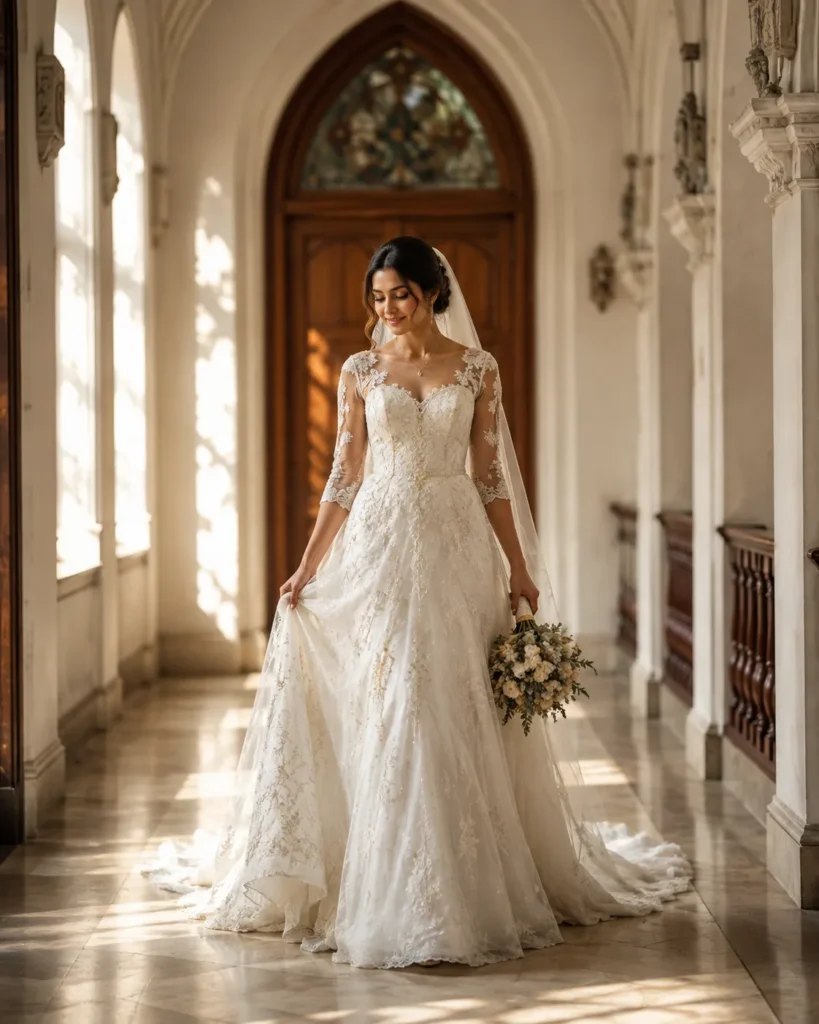 Kerala Christian bride wearing a white lace wedding gown in a heritage church corridor.