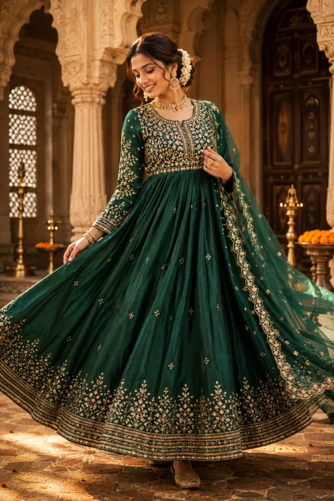 Woman wearing an emerald green embroidered Anarkali suit
