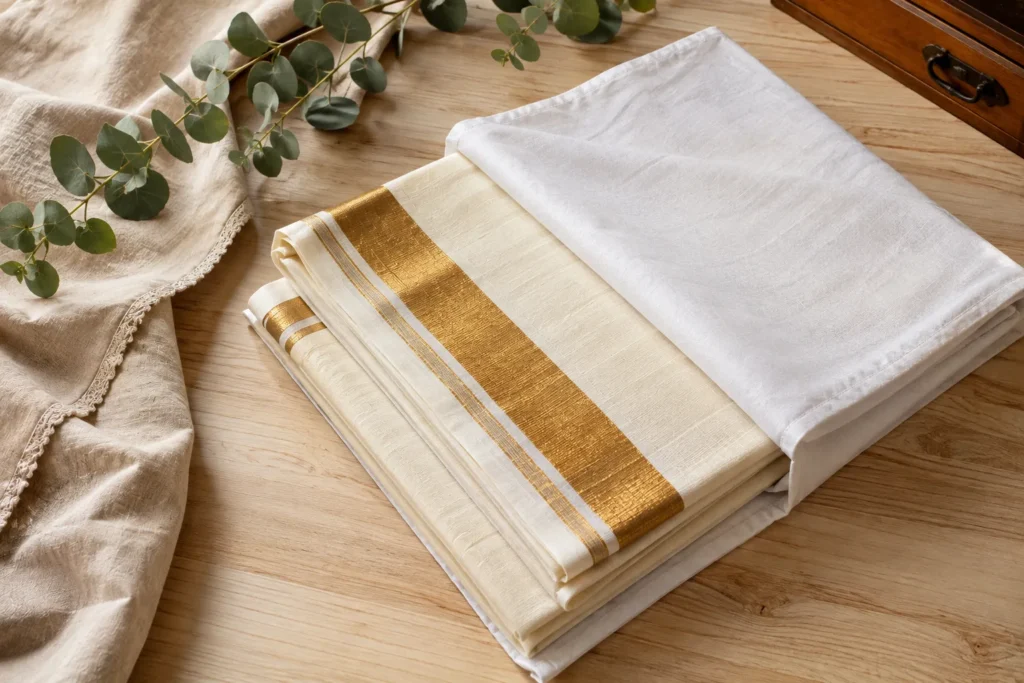 Kasavu saree wrapped in muslin cloth
