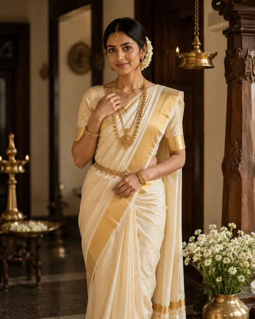 Bride wearing an ivory Kasavu saree with a gold border and traditional Kerala jewellery in an elegant heritage interior.