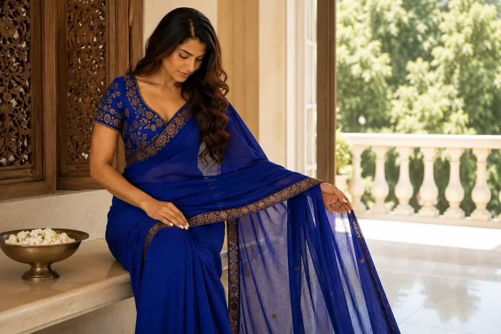 Woman in a royal blue saree with gold detailing seated in an elegant traditional setting.
