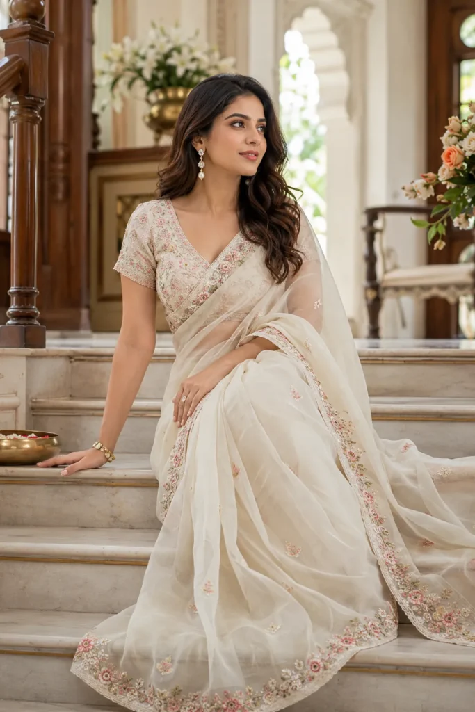 Woman wearing an ivory embroidered organza saree