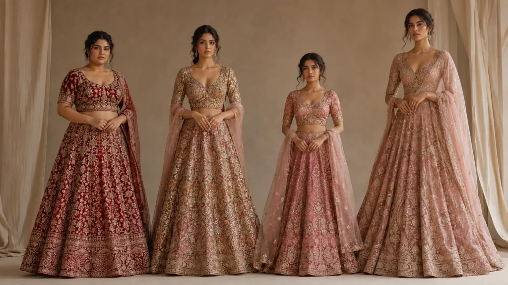Four Indian women showcasing bridal lehenga silhouettes designed for different body types in a minimalist luxury fashion studio.