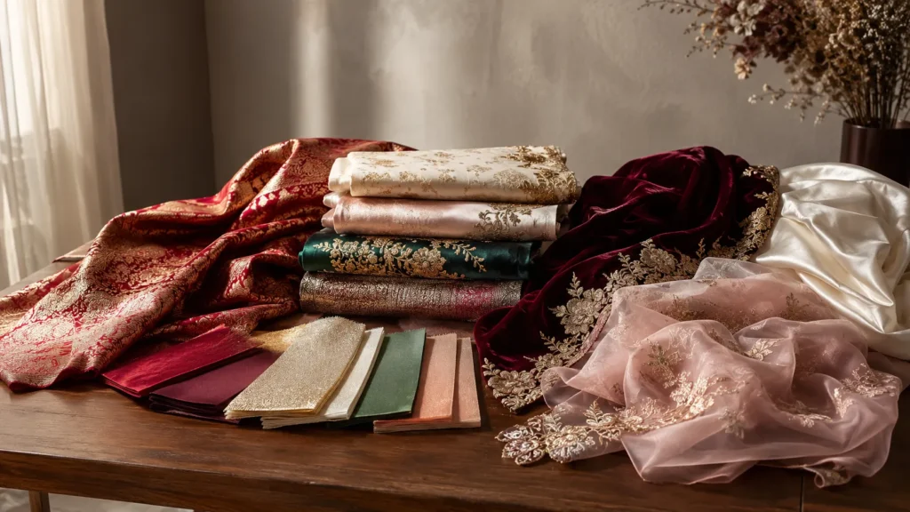 Luxury bridal fabrics including Banarasi silk, velvet, satin, and organza arranged in an elegant editorial display.