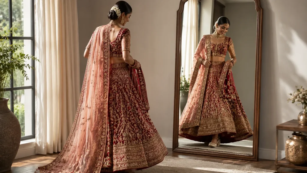 Indian bride adjusting the fit of her bridal lehenga and dupatta while standing before a full-length mirror.