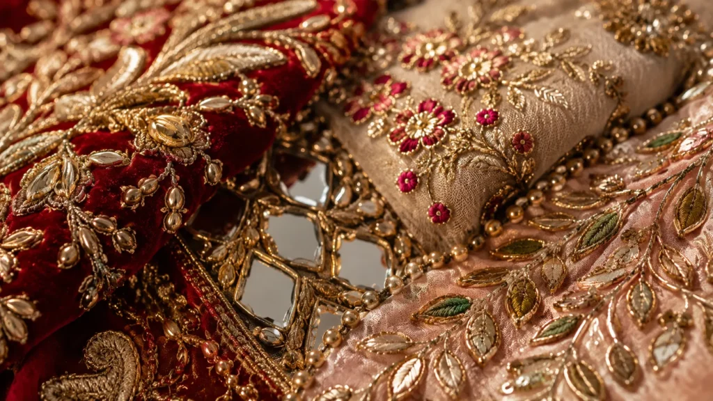 Close-up of intricate Indian bridal embroidery featuring zardozi, resham threadwork, gota patti, and mirror work.