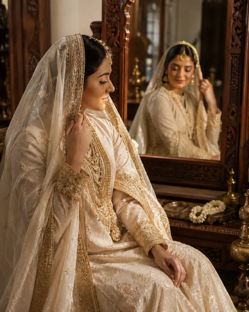 Muslim bride wearing an ivory and gold embroidered outfit with a sheer dupatta and traditional jewellery.