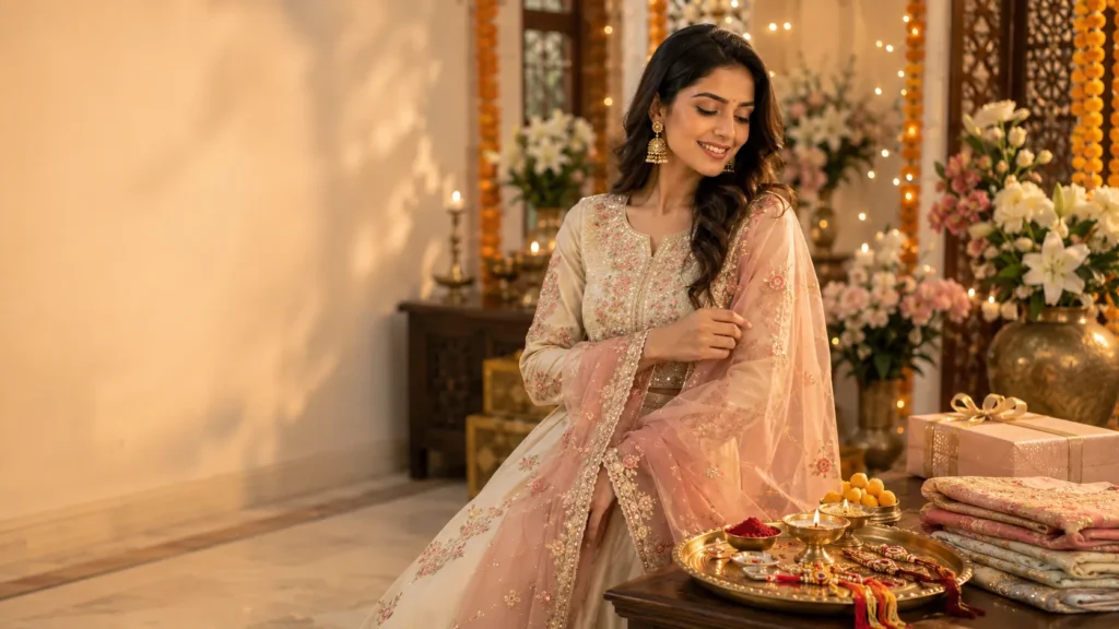Woman in an embroidered Anarkali suit with Raksha Bandhan pooja thali