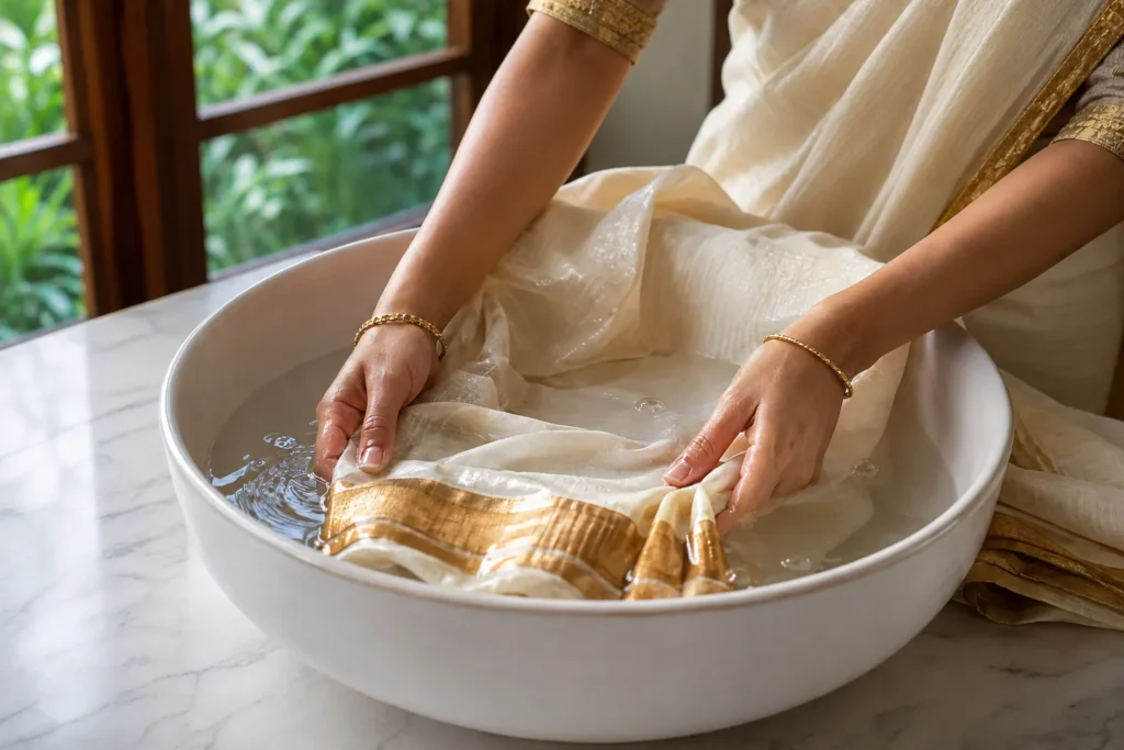Hand washing Kerala Kasavu saree in cold water