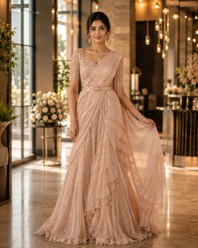 Bride wearing a blush pink embellished saree gown with a flowing ruffled drape in a luxury reception setting.