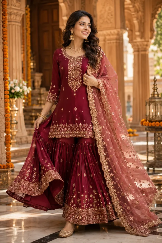 Woman wearing a wine embroidered sharara set