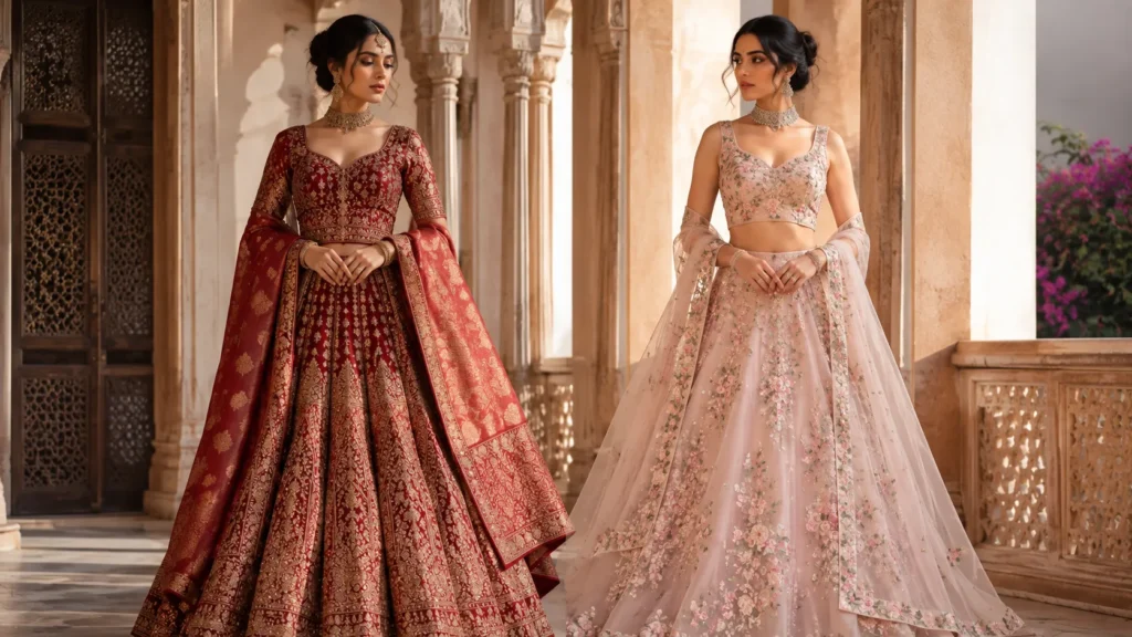 Traditional Banarasi silk bridal lehenga and modern pastel organza bridal lehenga displayed side by side in a luxury editorial fashion setting.