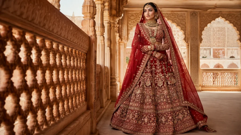 Indian bride wearing a deep red Banarasi silk bridal lehenga with intricate zari embroidery in a grand heritage palace setting.