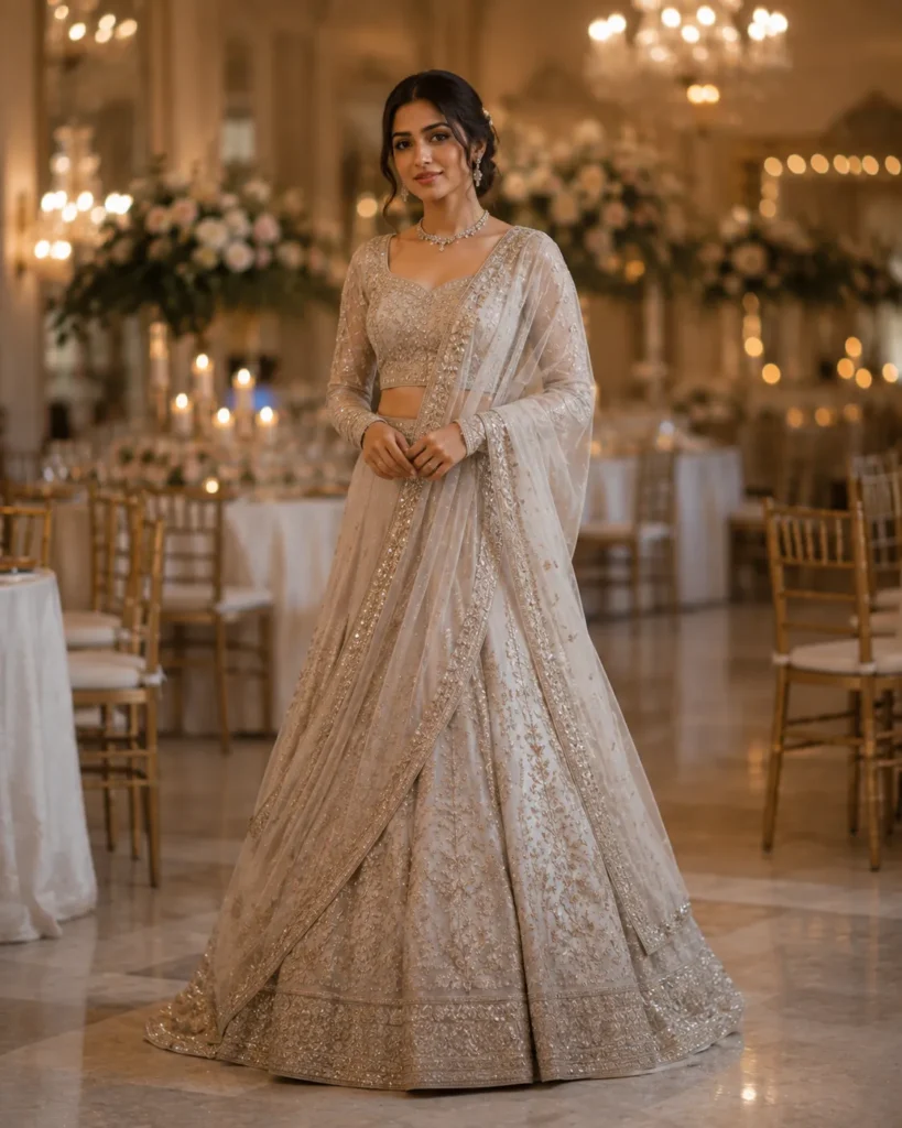 Bride wearing an ivory Kasavu saree with a gold border and traditional Kerala jewellery in an elegant heritage interior.