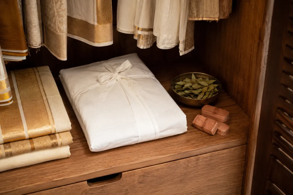 Kasavu saree stored in a wooden wardrobe