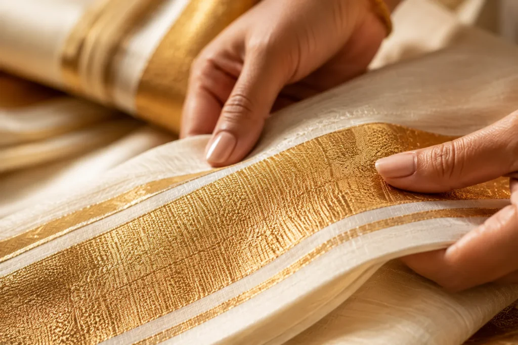 Close-up of Kasavu saree gold zari border